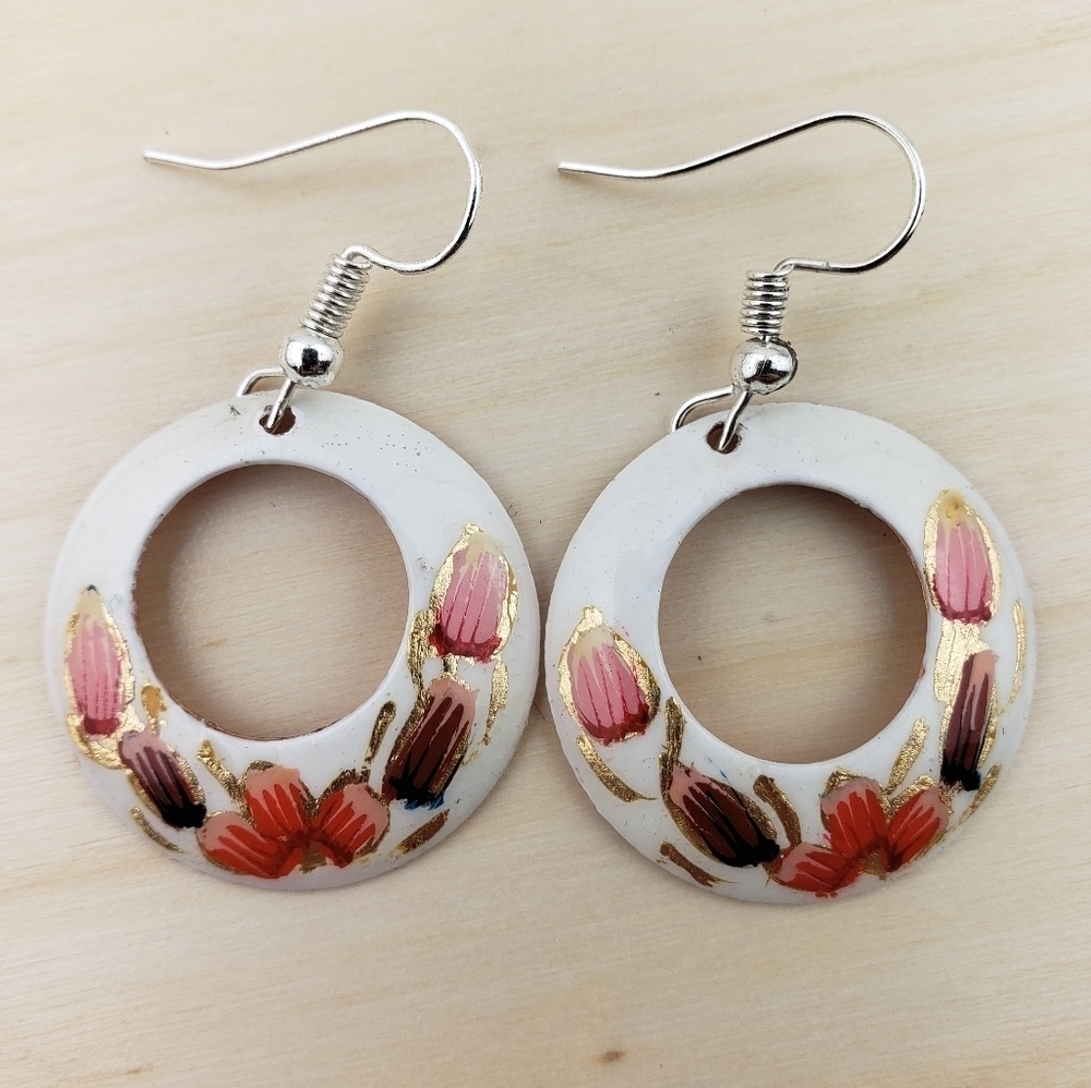 HANDMADE Dangle Earrings Mexican Copper Hand Painted White Floral Multicolor